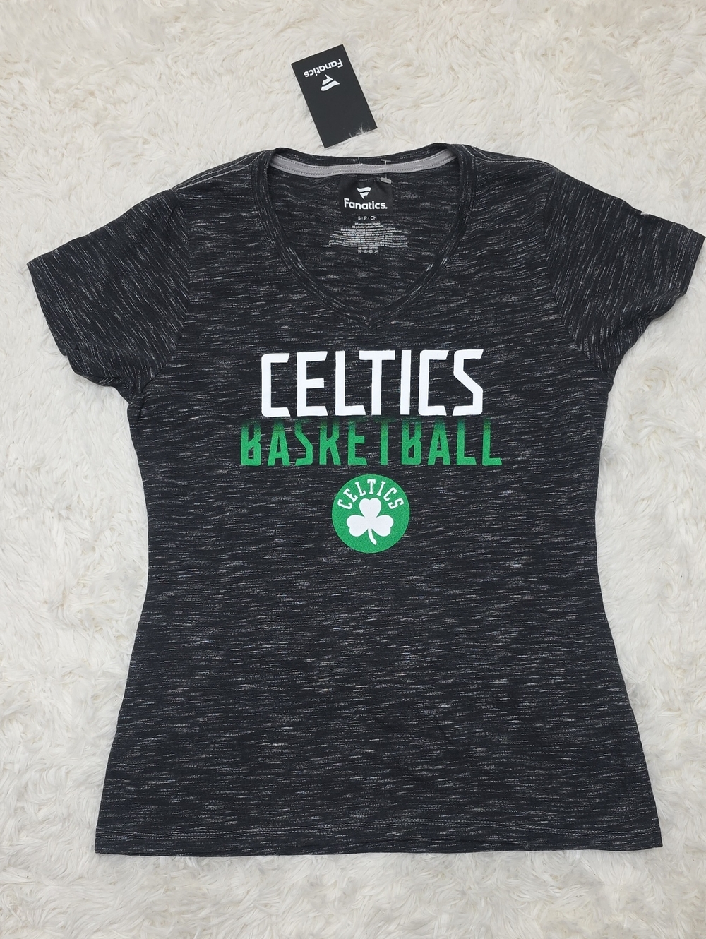 Fanatics- Women's Celtics Black Heather V-Neck Tee- Size S. NWT